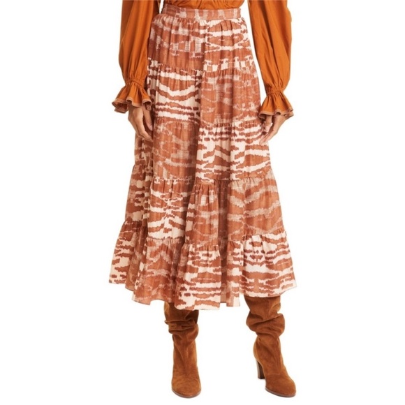 Ulla Johnson Aisa Silk Taffeta Tiered‎ Midi Skirt Fawn Size 2 Ikat Animal Print